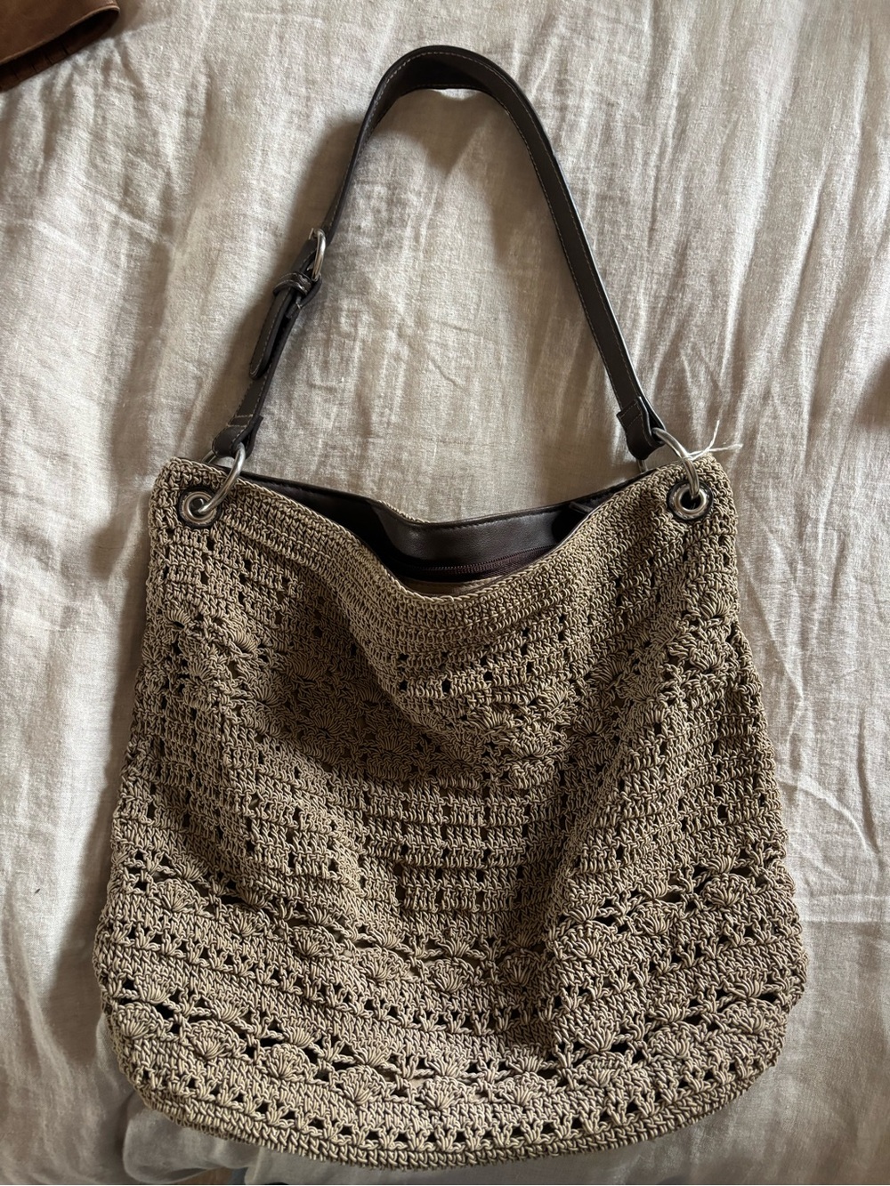 Bass Crochet Hobo Shoulder Bag in Taupe with Dark Brown Strap